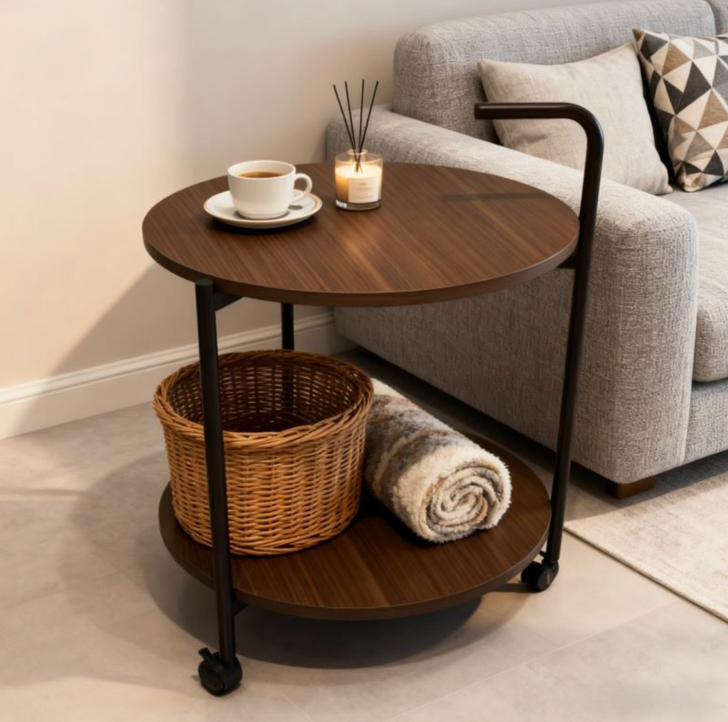 Modern 2-Tier Round Wooden Mobile Coffee Table