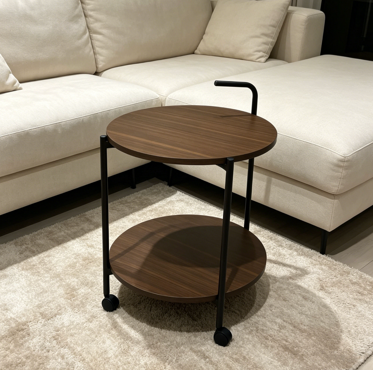 Modern 2-Tier Round Wooden Mobile Coffee Table