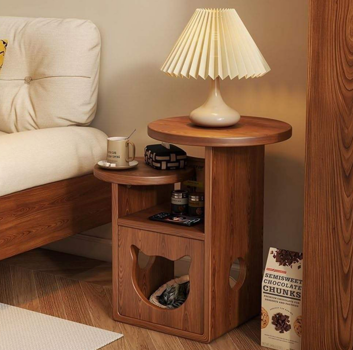 Brown Modern Solid Wood Round Nightstand