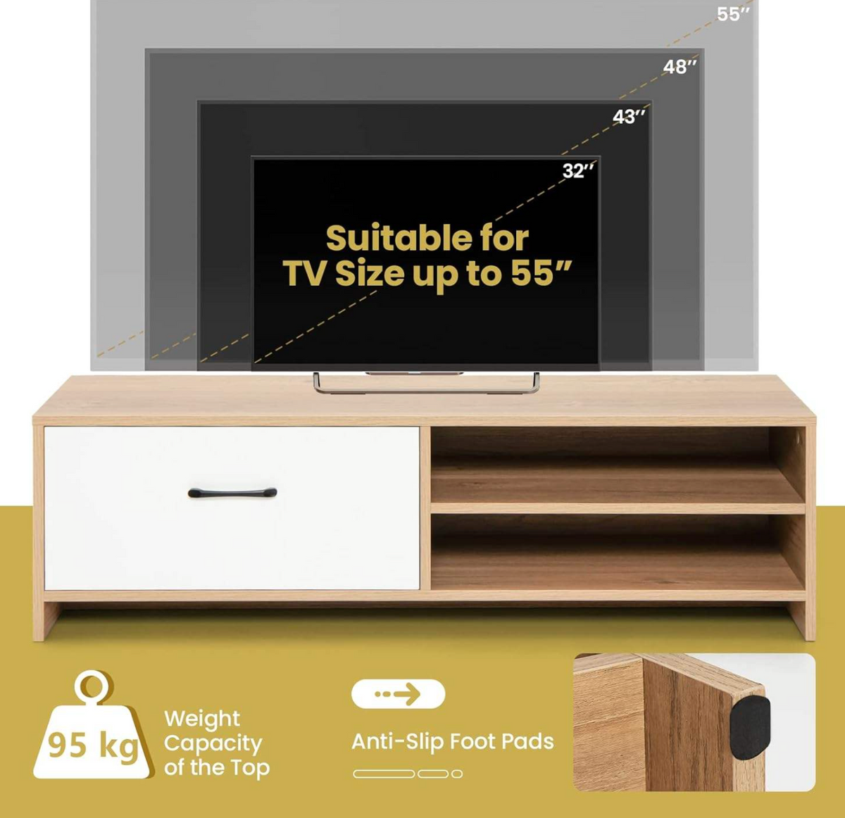 Modern 55-Inch TV Stand with Drawer & 2-Tier Storage
