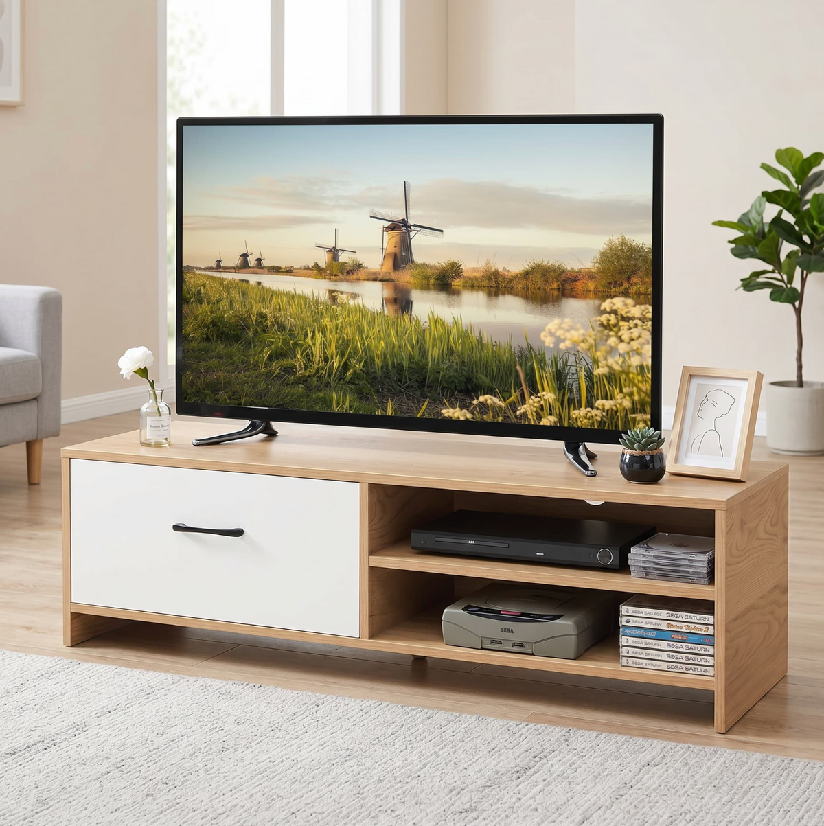 Modern 55-Inch TV Stand with Drawer & 2-Tier Storage