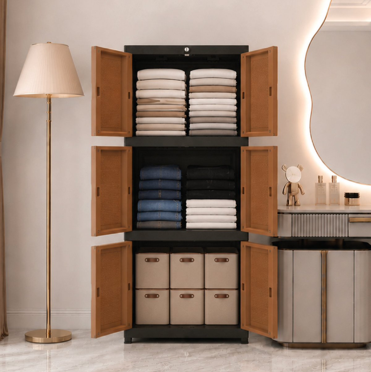 3-Stack Plastic Wardrobe with Double Shaker Rattan Doors