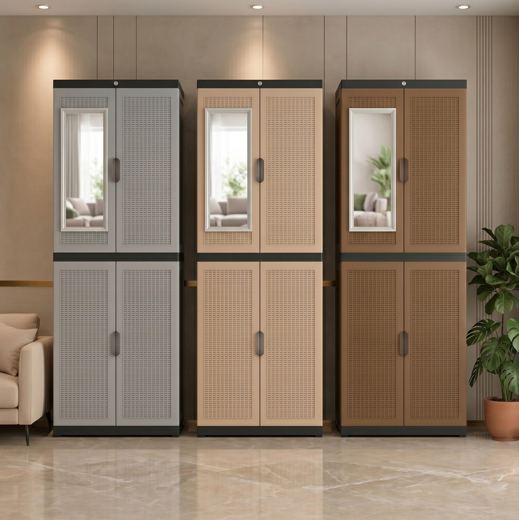Plastic Rattan Wardrobe with Lockable Doors & Mirror