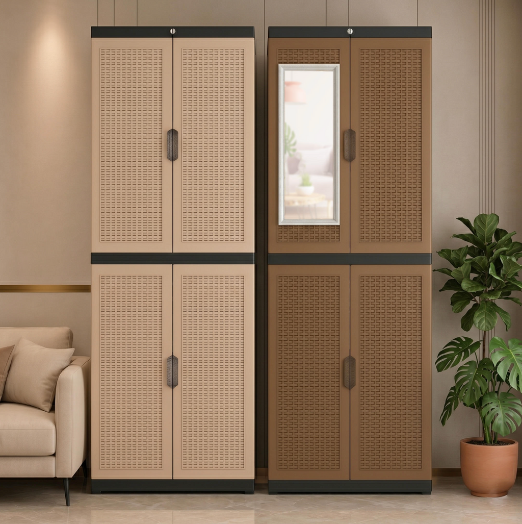 Plastic Rattan Wardrobe with Lockable Doors & Mirror