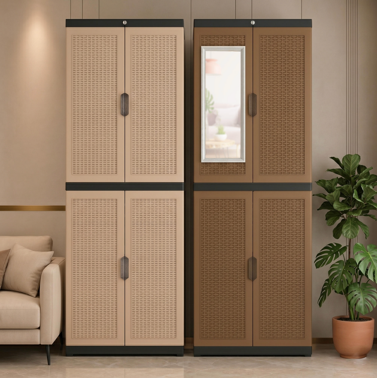 Plastic Rattan Wardrobe with Lockable Doors & Mirror
