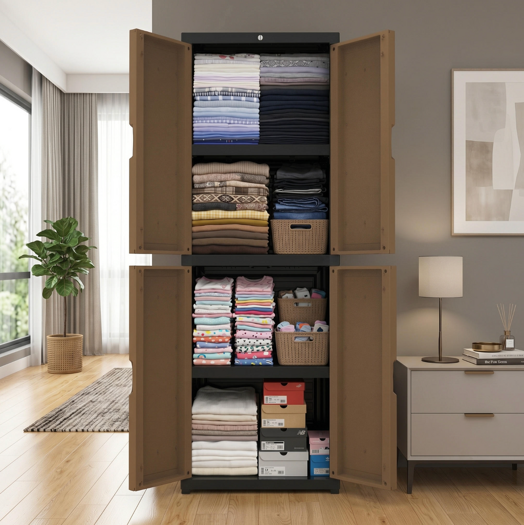 Plastic Rattan Wardrobe with Lockable Doors & Mirror
