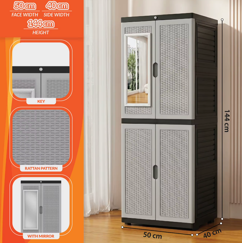Plastic Rattan Wardrobe with Lockable Doors & Mirror