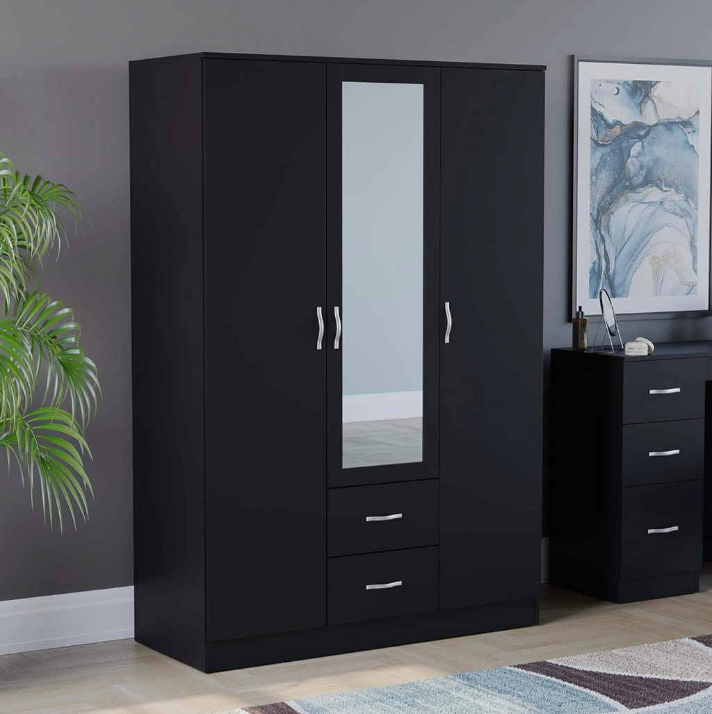 Mirrored Wardrobe with 3 Doors, 2 Drawers, Shelf & Hanging Rail