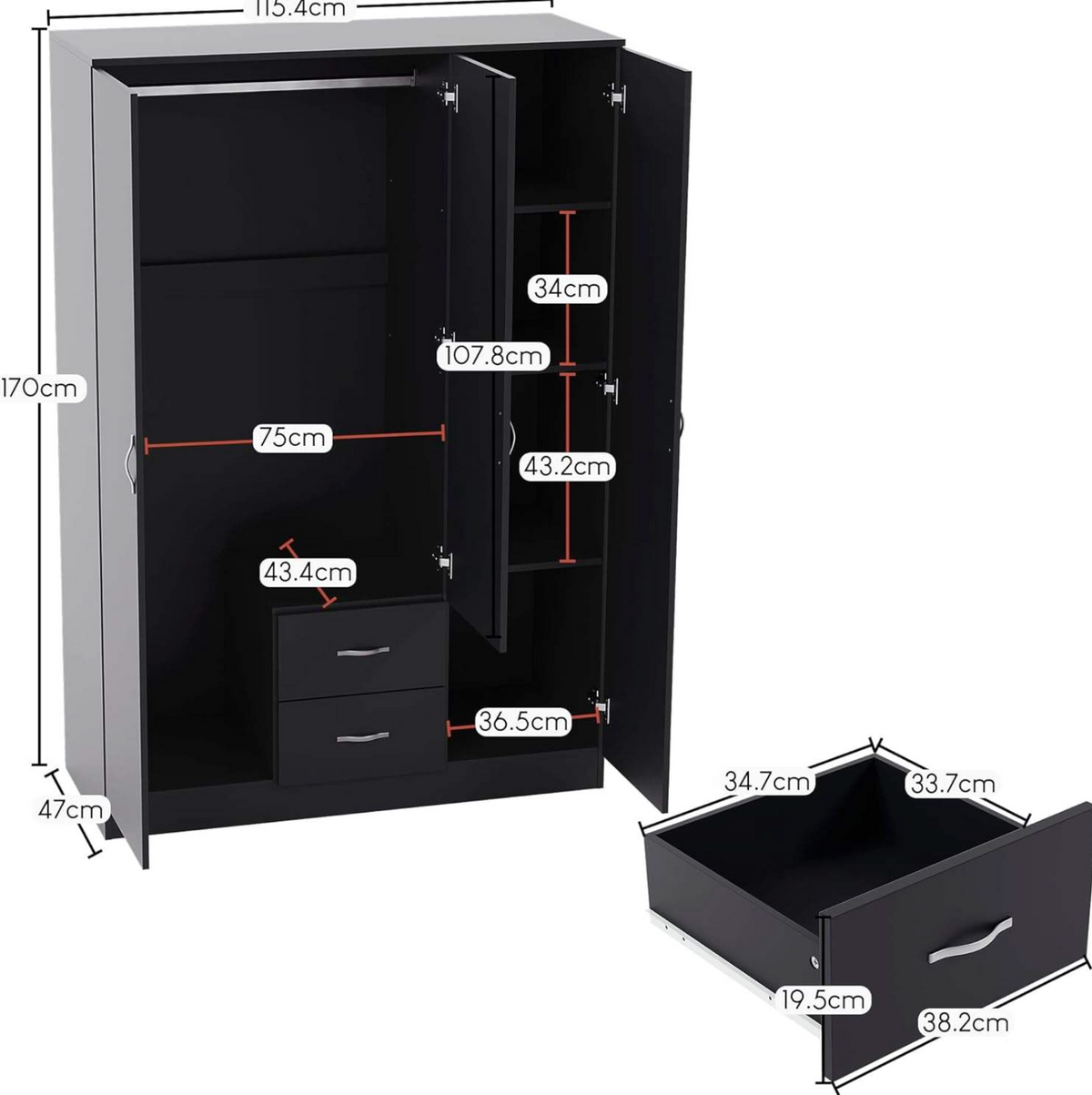 Mirrored Wardrobe with 3 Doors, 2 Drawers, Shelf & Hanging Rail