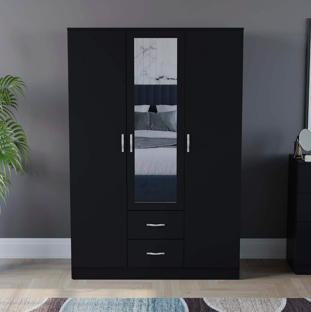 Mirrored Wardrobe with 3 Doors, 2 Drawers, Shelf & Hanging Rail