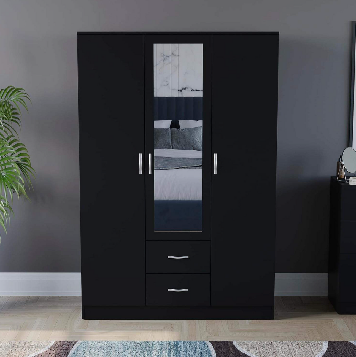 Mirrored Wardrobe with 3 Doors, 2 Drawers, Shelf & Hanging Rail