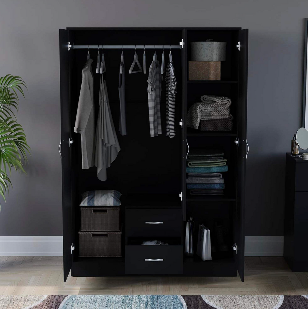 Mirrored Wardrobe with 3 Doors, 2 Drawers, Shelf & Hanging Rail