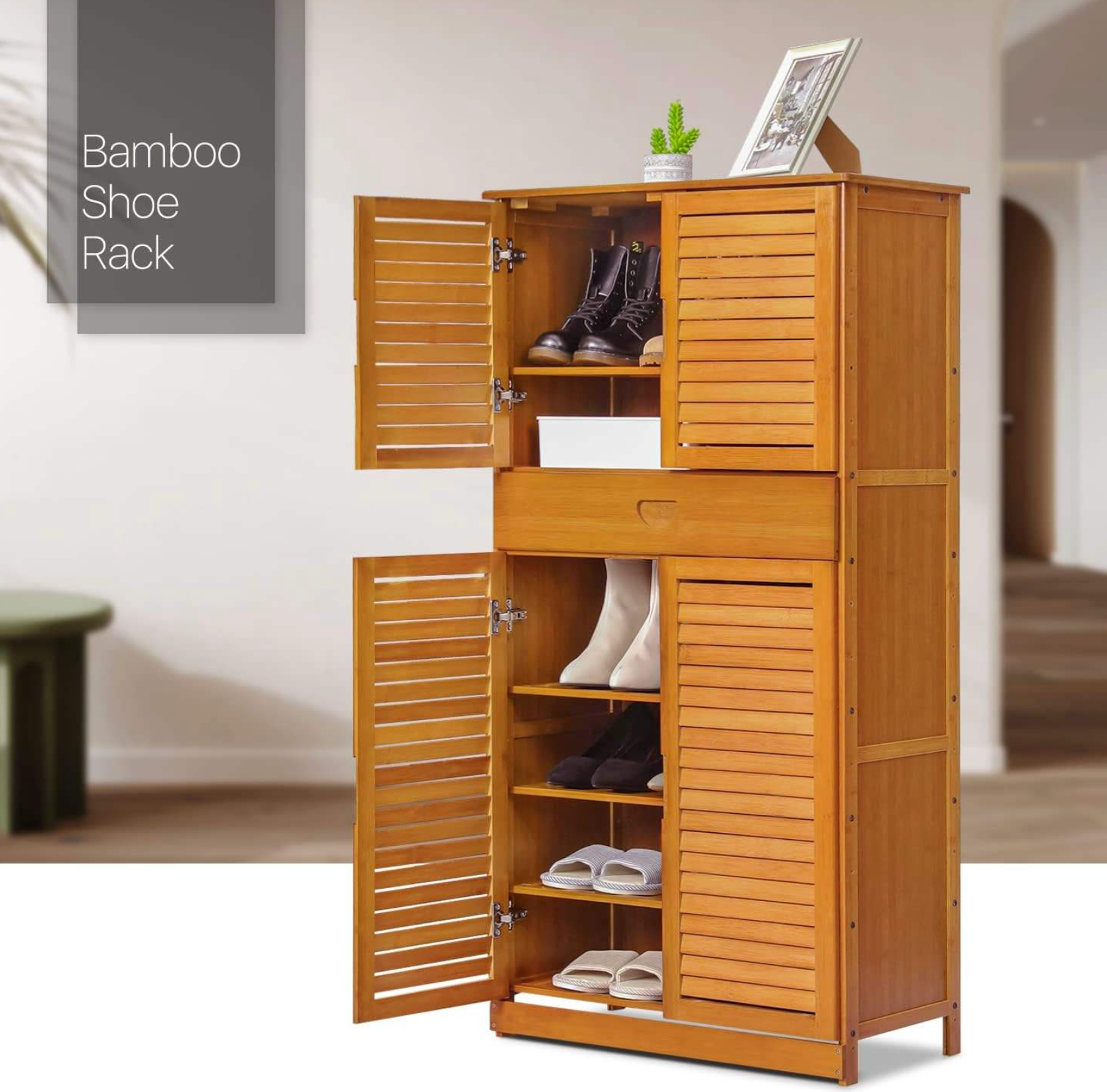 Bamboo Shoe Rack Cabinet with 6-Tier Storage & 4 Doors
