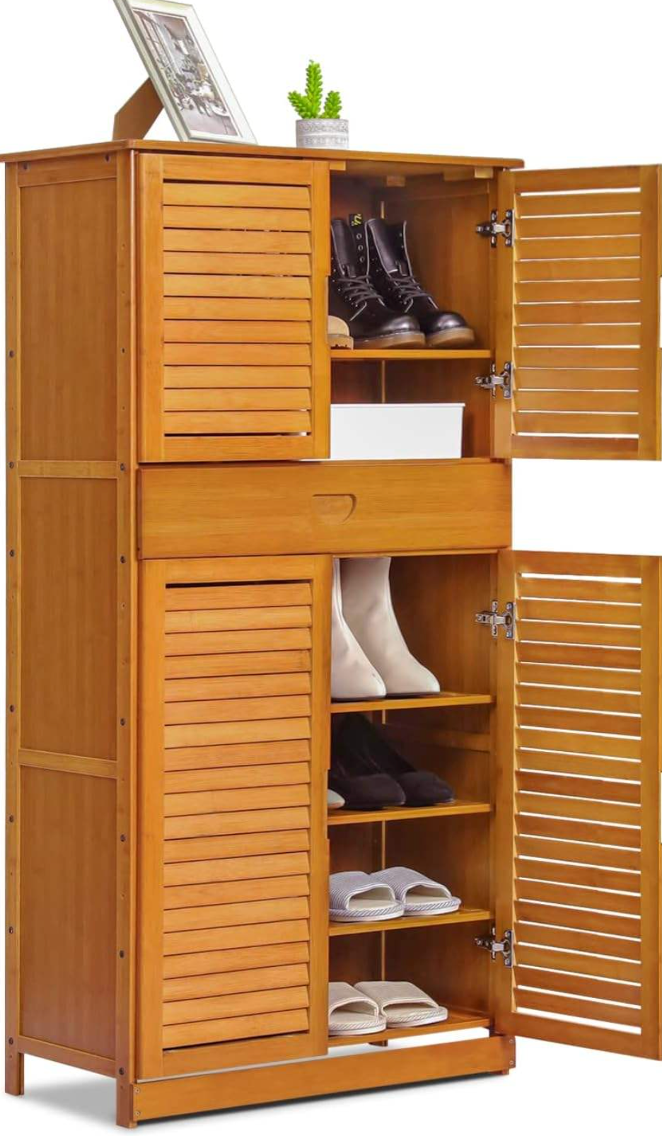 Bamboo Shoe Rack Cabinet with 6-Tier Storage & 4 Doors