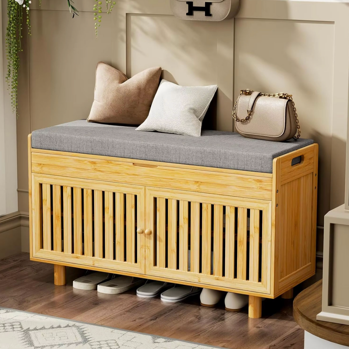 Tier Bamboo Shoe Rack Bench with Lift-Top Storage & 2 Doors