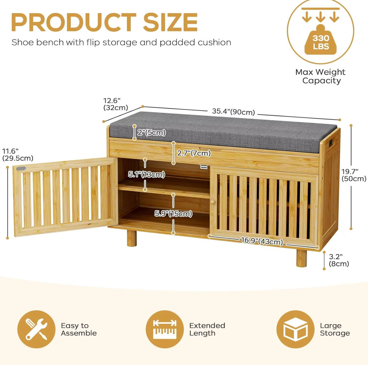 Tier Bamboo Shoe Rack Bench with Lift-Top Storage & 2 Doors