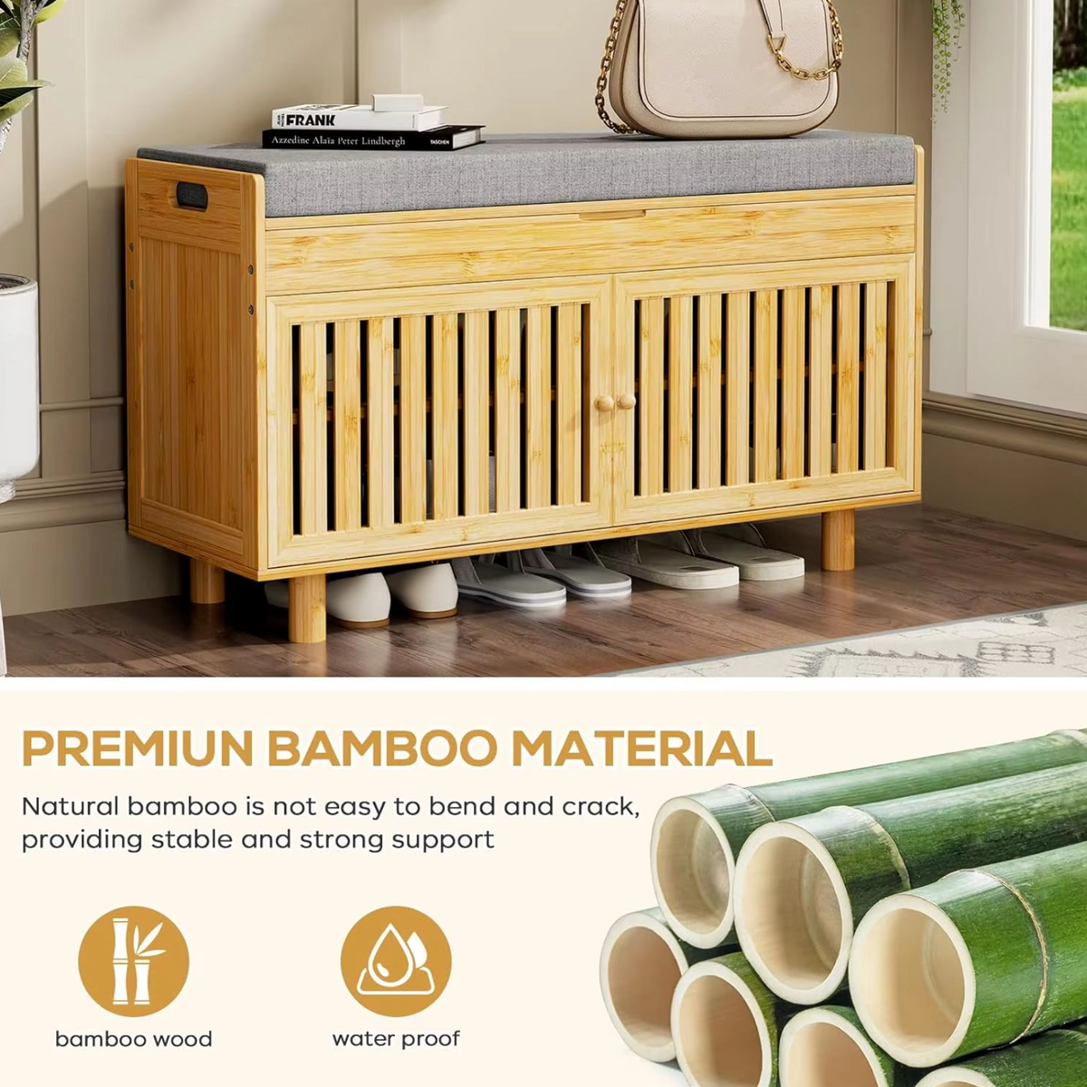 Tier Bamboo Shoe Rack Bench with Lift-Top Storage & 2 Doors