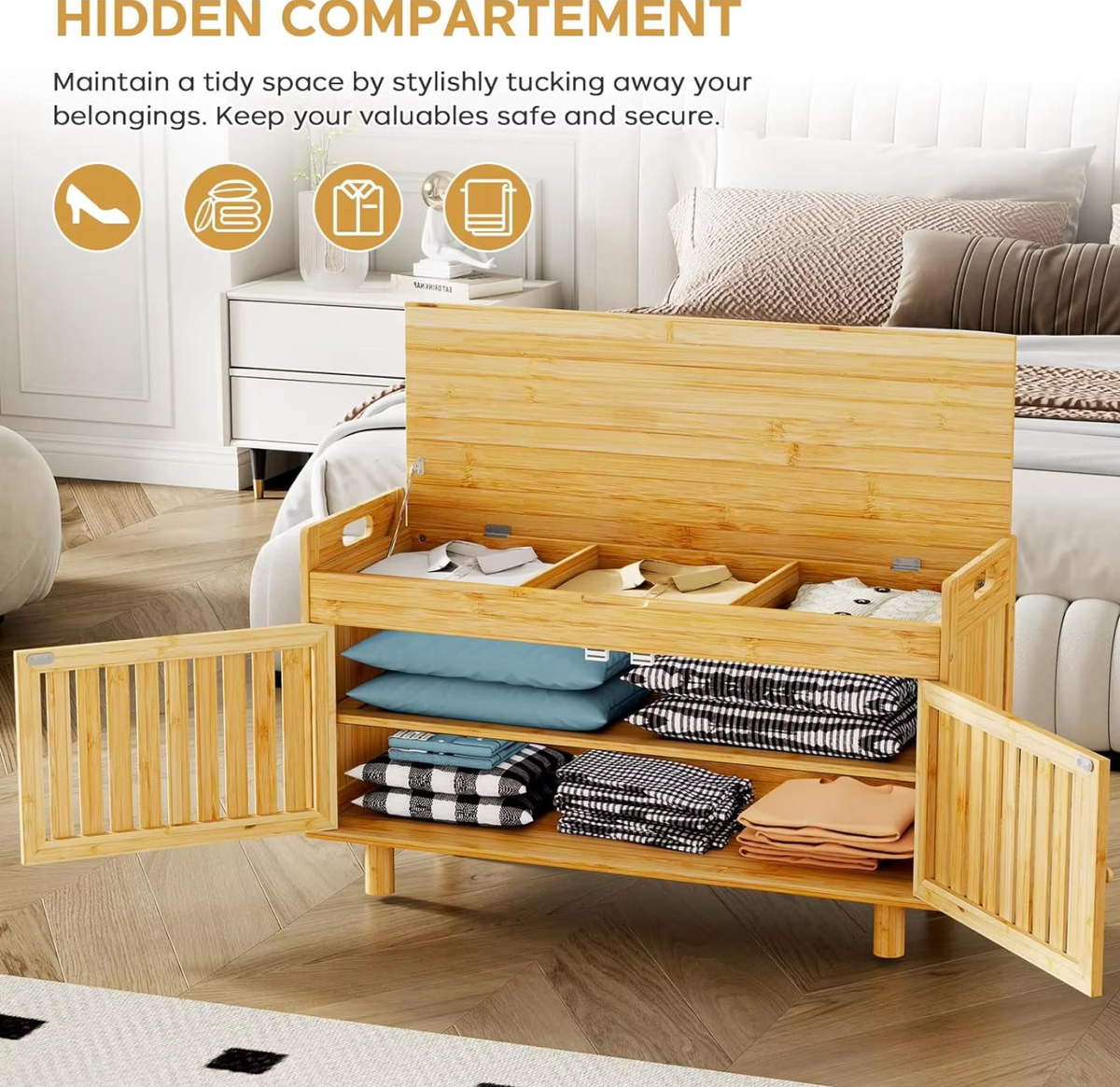 Tier Bamboo Shoe Rack Bench with Lift-Top Storage & 2 Doors