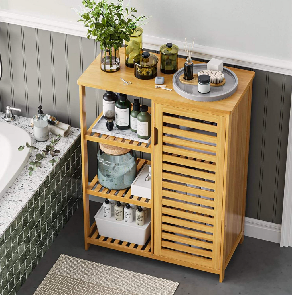 Bamboo Storage Cabinet with Doors & 3 Side Shelves